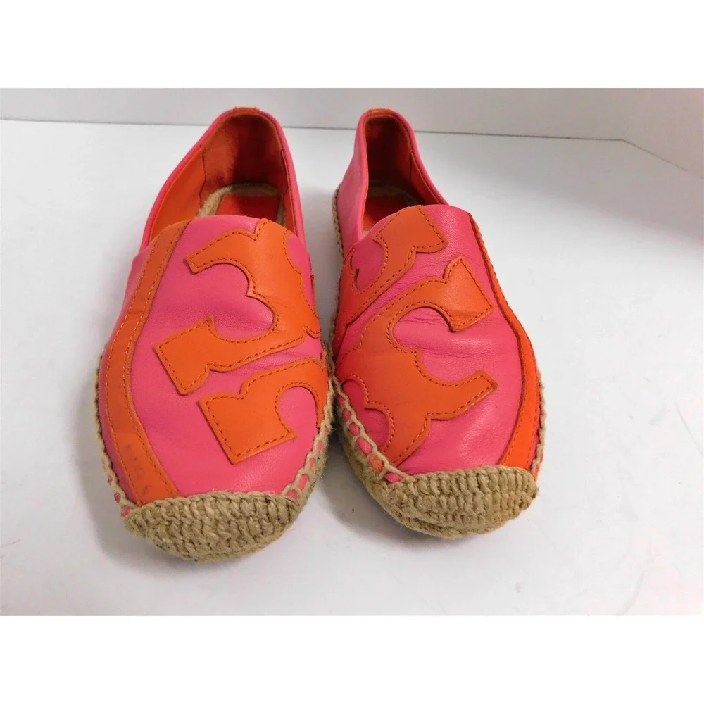 Tory Burch‎ Shaw Pink Red Leather Medallion Logo Espadrille Flat 5.5